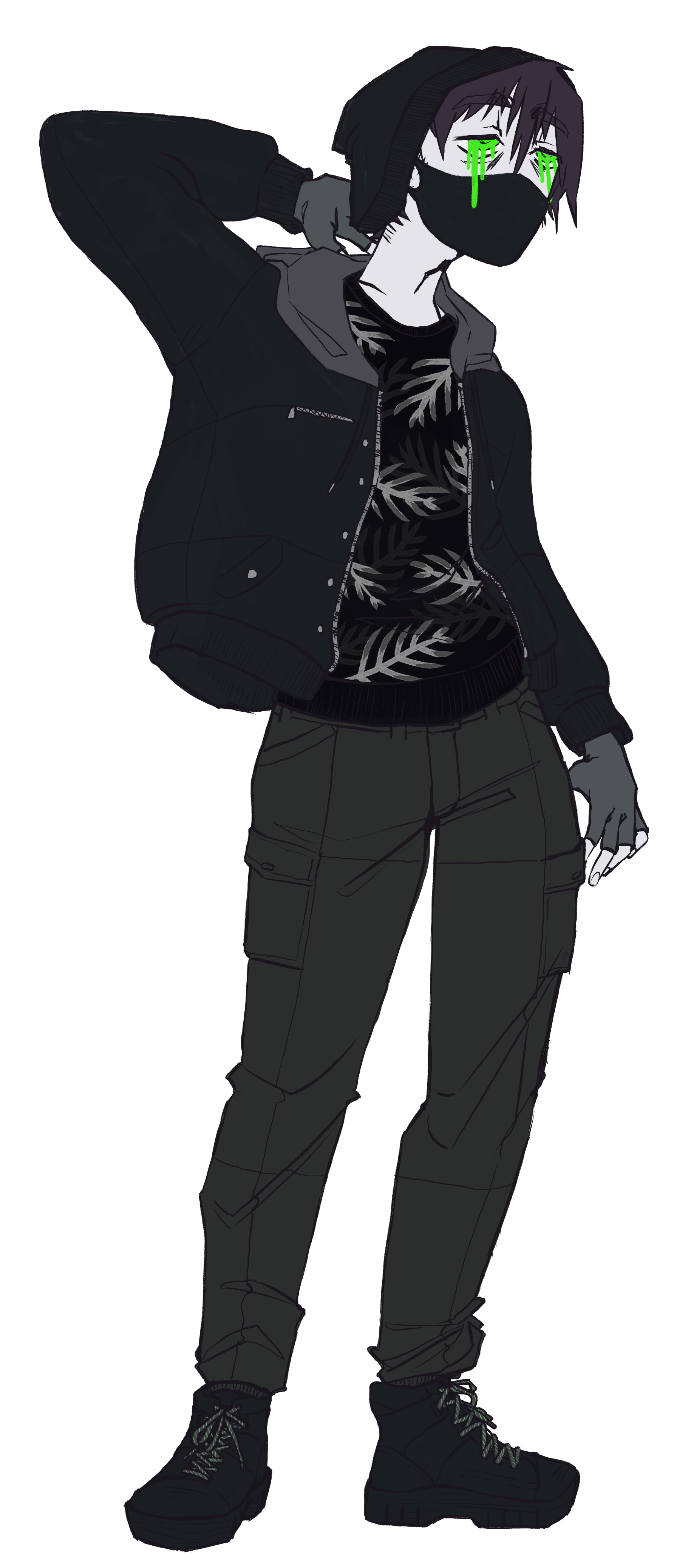 My classic trademark(tm) outfit in all black with bomberjacket, sweater, beanie, facemask, chonky shoes and cargo pants.