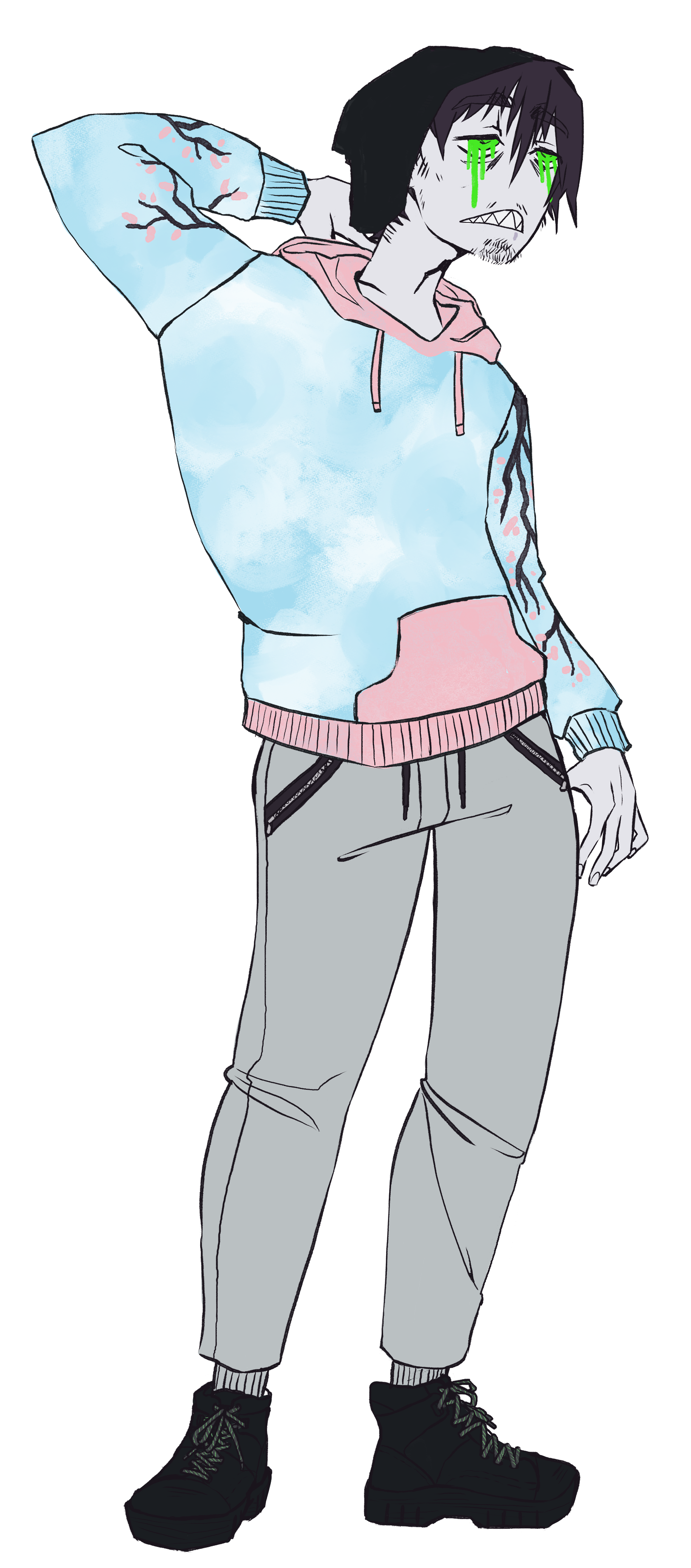 Fruitier outfit with grey sweatpants and a blue/pink/white coloured hoodie. (trans colors :3)