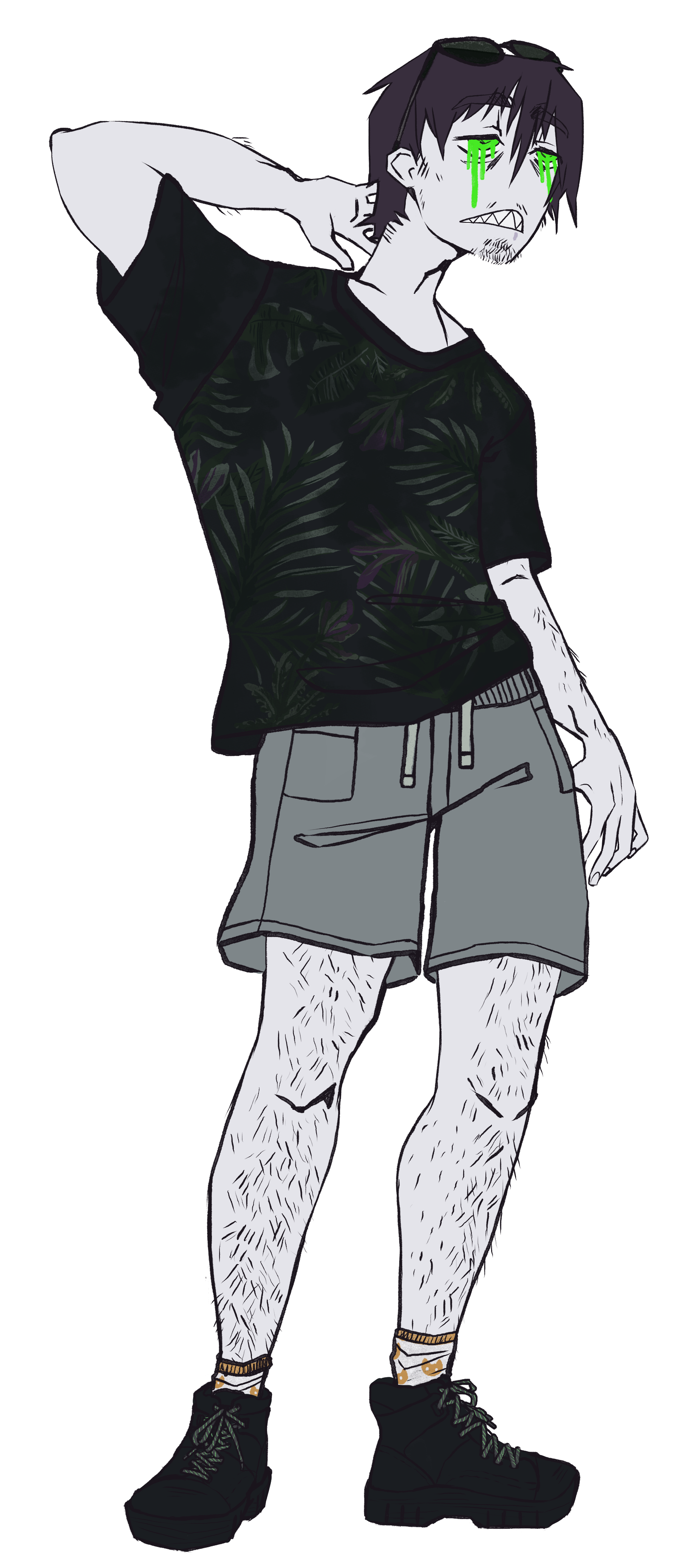 Black t-shirt with a plant pattern, shorts, and sunglasses. God I hate the summer.